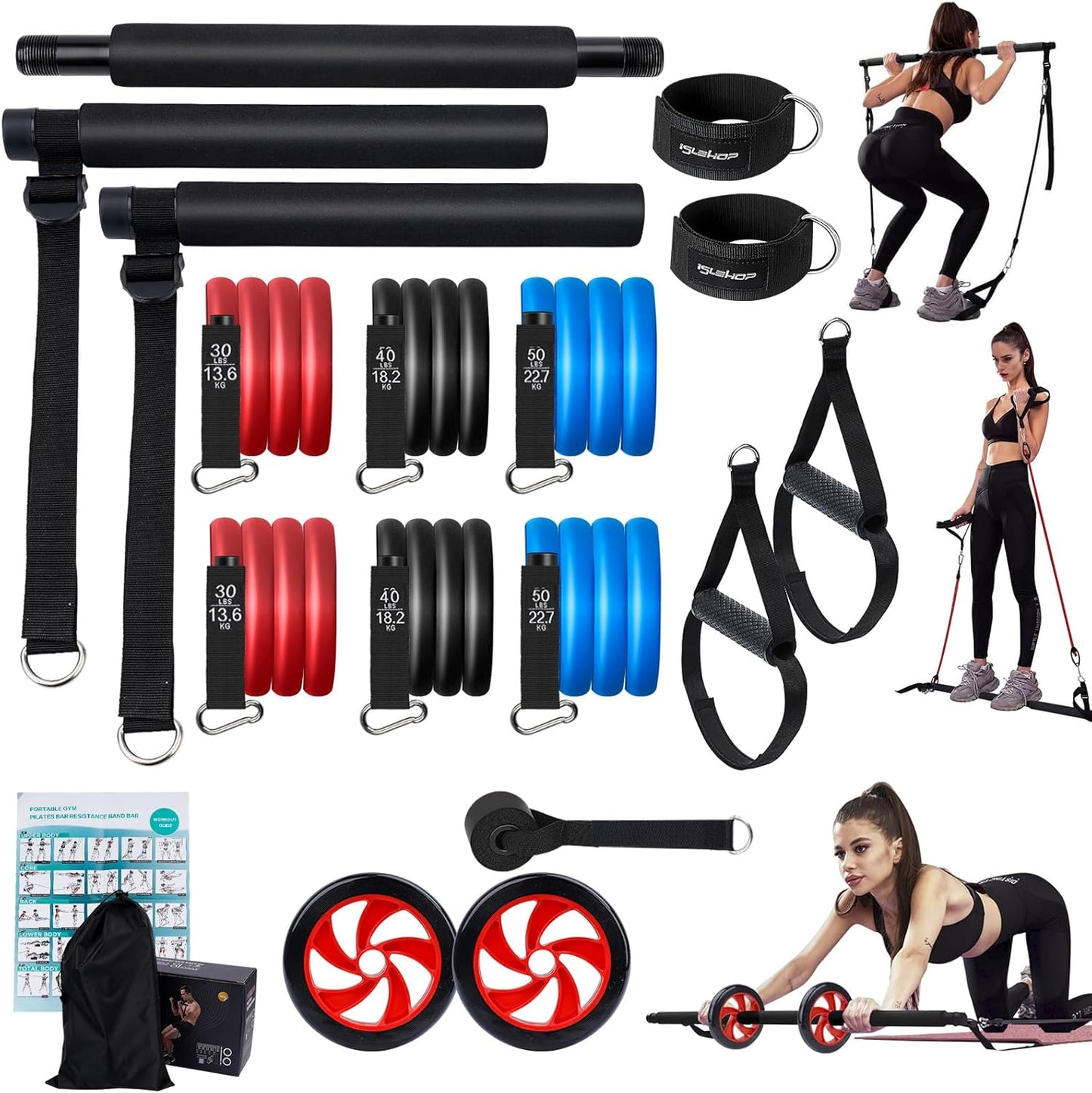 Pilates Bar Kit with 6 Resistance Bands,Yoga Exercise Bar with AB Roller,Portable Home Gym for Women and Men ,Workout Equipment for Legs,Hip,Waist and Arm