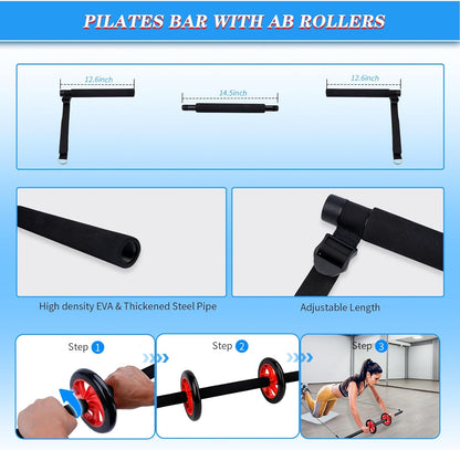 Pilates Bar Kit with 6 Resistance Bands,Yoga Exercise Bar with AB Roller,Portable Home Gym for Women and Men ,Workout Equipment for Legs,Hip,Waist and Arm